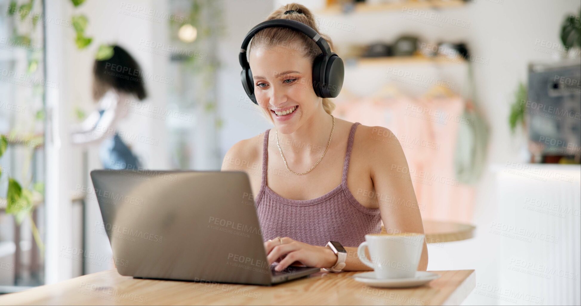 Buy stock photo Video call, cafe and woman freelancer with remote work on laptop and headphones with writer at a coffee shop. Website, blog and seminar for social media with technology and webinar for web update