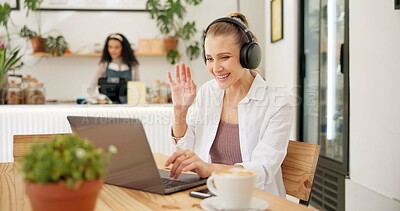 Buy stock photo Video call, cafe and business woman on laptop for remote work interview, opportunity or virtual meeting. Young freelancer waves hello on computer and headphones of b2b project planning in coffee shop