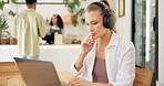 Laptop, cafe and woman with remote work, thinking and headphones for social media blog post. Idea, music and website update of a web designer working at a restaurant and coffee shop with tech