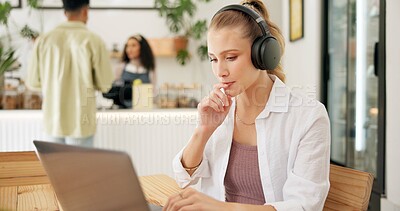 Buy stock photo Laptop, cafe and woman with remote work, thinking and headphones for social media blog post. Idea, music and website update of a web designer working at a restaurant and coffee shop with tech