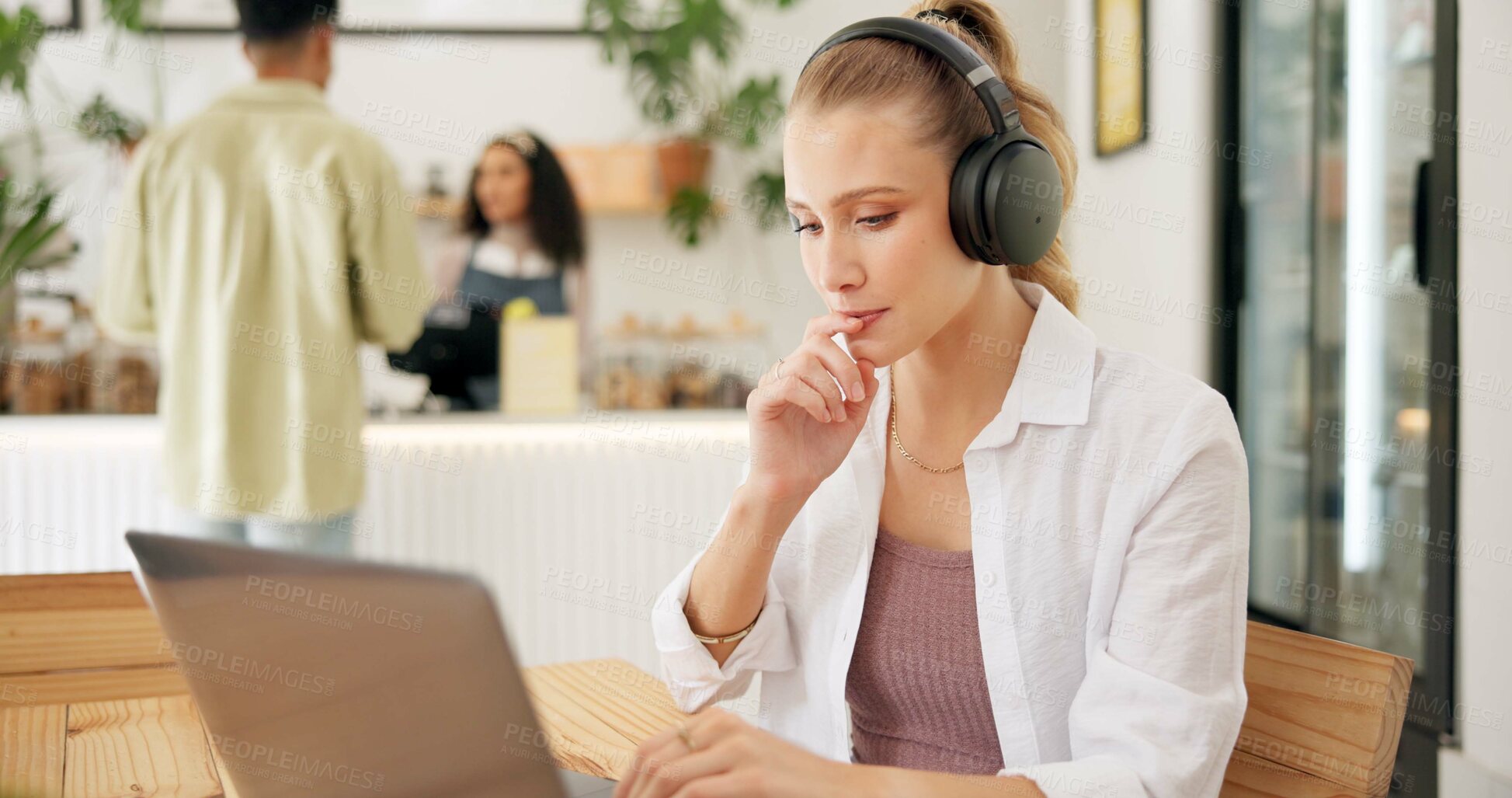 Buy stock photo Laptop, cafe and woman with remote work, thinking and headphones for social media blog post. Idea, music and website update of a web designer working at a restaurant and coffee shop with tech