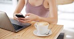 Hands, laptop and phone at coffee shop for remote work, communication and planning or search opportunity online. Freelancer or person typing on mobile app, chat or creative research at internet cafe