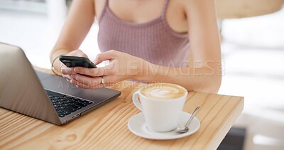 Buy stock photo Hands, laptop and phone at coffee shop for remote work, communication and planning or search opportunity online. Freelancer or person typing on mobile app, chat or creative research at internet cafe