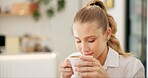 Coffee aroma, woman and smell in restaurant for peace, cappuccino and relaxation at cafe. Hot beverage, female person and hospitality in coffeeshop on weekend, break and thinking for inspiration