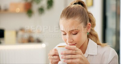 Buy stock photo Coffee aroma, woman and smell in restaurant for peace, cappuccino and relaxation at cafe. Hot beverage, female person and hospitality in coffeeshop on weekend, break and thinking for inspiration