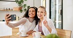 Women, friends and peace sign with coffee for selfie, social media or post on Internet for memories. Female influencers, happy and picture for cafe blog or online profile picture and bonding together