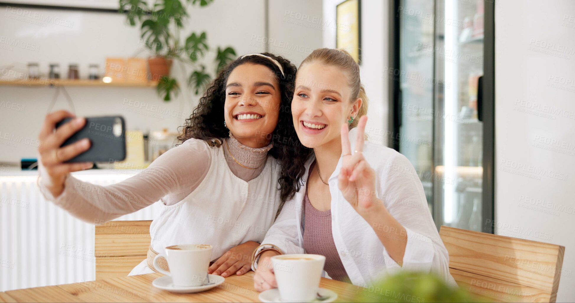 Buy stock photo Women, friends and peace sign with coffee for selfie, social media or post on Internet for memories. Female influencers, happy and hand gesture for cafe blog or profile picture and bonding together