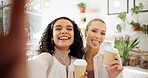 Women, friends and smile with coffee for selfie, social media or post on Internet for memories. Female influencers, happy and picture for cafe blog or online profile picture and bonding together