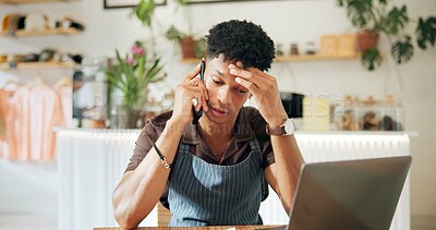 Buy stock photo Cafe, phone call and man with laptop, frustrated and stress for application of loan and small business. Sad, entrepreneur and person with apron, mobile and communication for restaurant and startup