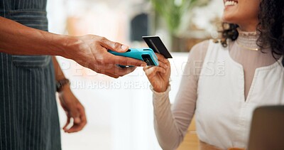 Buy stock photo Customer, payment and credit card with woman, closeup and transaction with internet, restaurant and digital app. People, client and waitress with service, machine and ecommerce with finance and tap