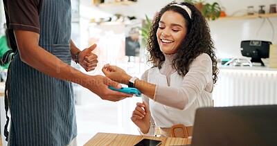 Buy stock photo Woman, card machine and payment in coffee shop for trade, transaction and remote work on laptop. Female client, digital technology and pos in restaurant for business, sale and customer service