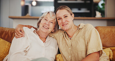 Buy stock photo Mature, sofa and portrait of mother with daughter happy together for bonding, relationship and love. Family, home and senior mom with woman in living room for embrace, affection and relax on weekend