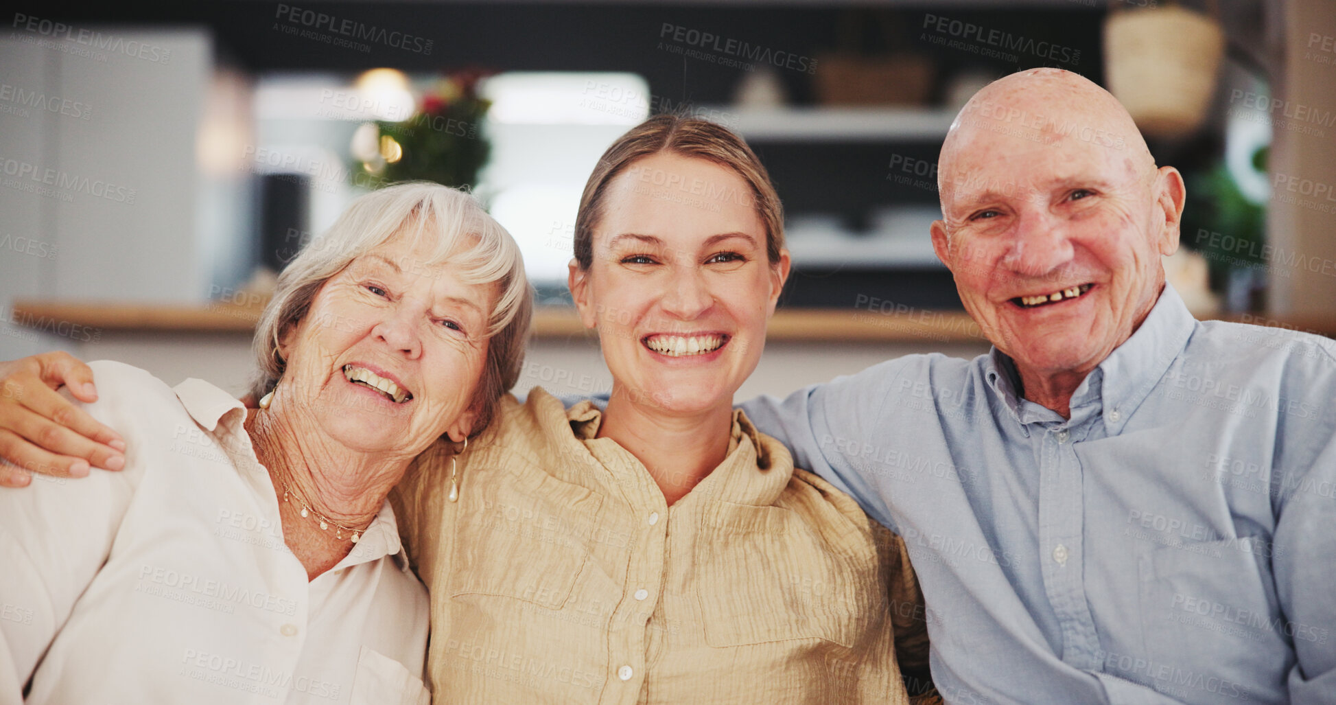 Buy stock photo Senior parents, daughter and happy in home for love, support and care on visit. Relationship, sofa and smile in living room as family with bonding, trust and relax to on retirement and portrait