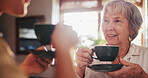 Home, discussion and elderly woman with coffee for conversation, bonding and beverage in morning. Happy, senior person and smile with warm drink for retirement, peace and satisfaction in house