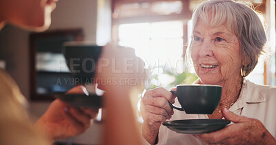 Buy stock photo Home, discussion and elderly woman with coffee for conversation, bonding and beverage in morning. Happy, senior person and smile with warm drink for retirement, peace and satisfaction in house