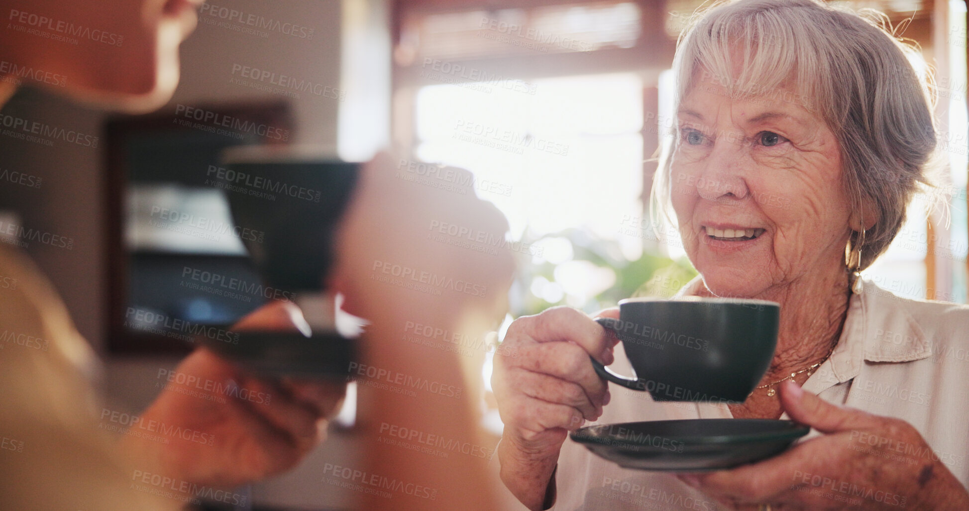 Buy stock photo Home, discussion and elderly woman with coffee for conversation, bonding and beverage in morning. Happy, senior person and smile with warm drink for retirement, peace and satisfaction in house