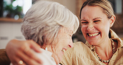 Buy stock photo Happy, sofa and senior mother with daughter laughing together for bonding, relationship and love. Family, home and mature mom with woman in living room for conversation, talking and relax on weekend