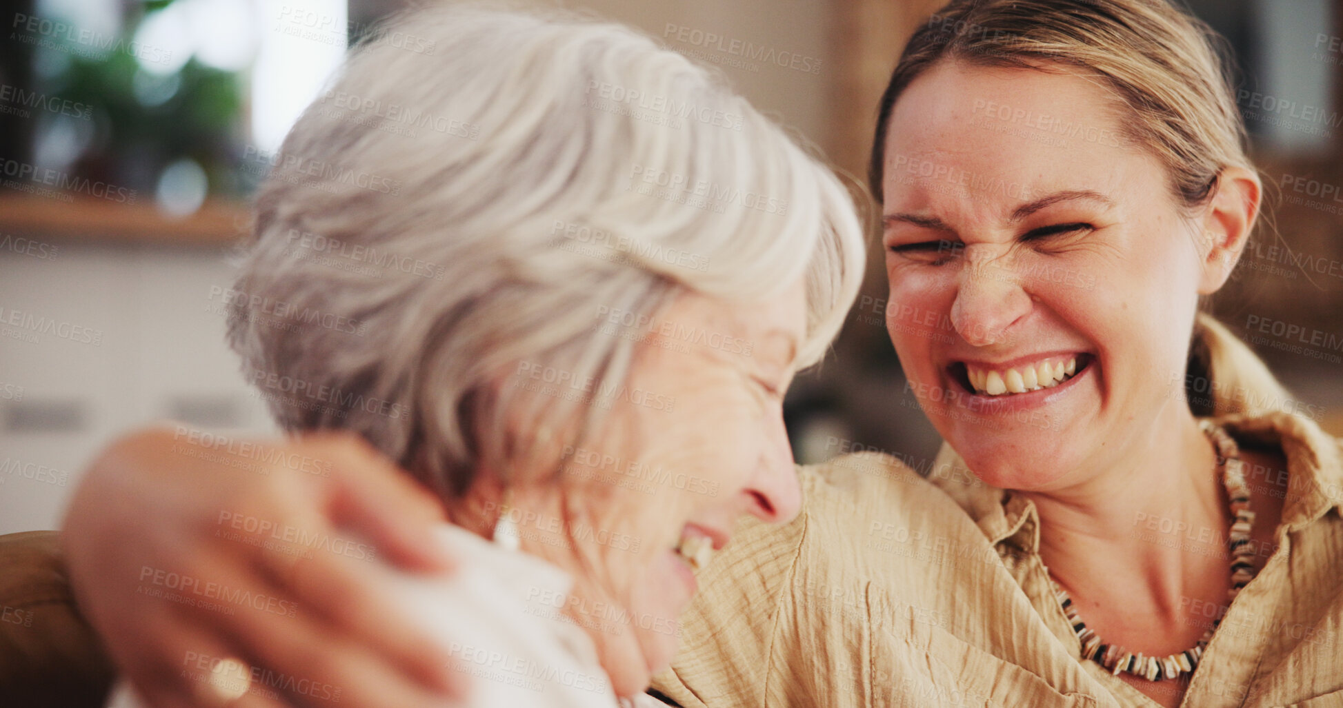 Buy stock photo Happy, sofa and senior mother with daughter laughing together for bonding, relationship and love. Family, home and mature mom with woman in living room for conversation, talking and relax on weekend