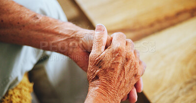 Buy stock photo Senior, hands and wrinkles on sofa alone with thinking, sad or muscle health for arthritis at home. Elderly person with palms together Parkinson or massage of fingers for pain on couch from above
