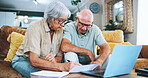 Senior couple, paperwork and laptop in home for finance, life insurance and plan for assets. People, documents and online application for mortgage loan, banking website and app for budget on bills