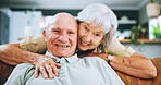Senior couple, portrait and hug in lounge for love, together and commitment to marriage in home. Elderly people, embrace and care for relationship connection, security and support or trust on sofa