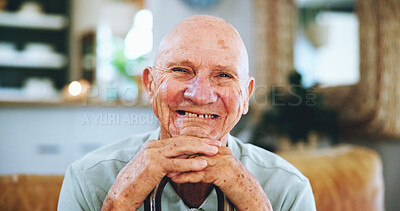 Buy stock photo Senior man, walking stick and portrait in home living room on sofa for smile, recovery or balance. Elderly person, happy and wooden cane in rehabilitation from injury, stroke or osteoporosis on couch