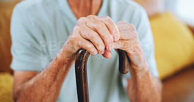 Buy stock photo Senior man, hands and cane for balance in recovery, home and support in rehabilitation or arthritis. Walking stick, mobility and person with disability from injury, assistance and osteoporosis care