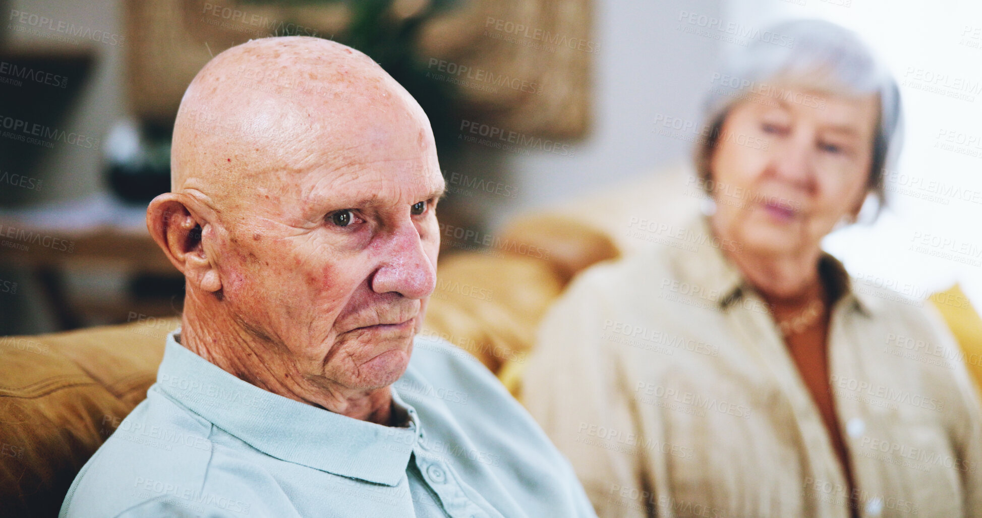 Buy stock photo Senior couple, ignore and angry for drama or fight at home, stress and toxic relationship or marriage. Old people, silent treatment and frustration for divorce or breakup, fail and crisis or mistake