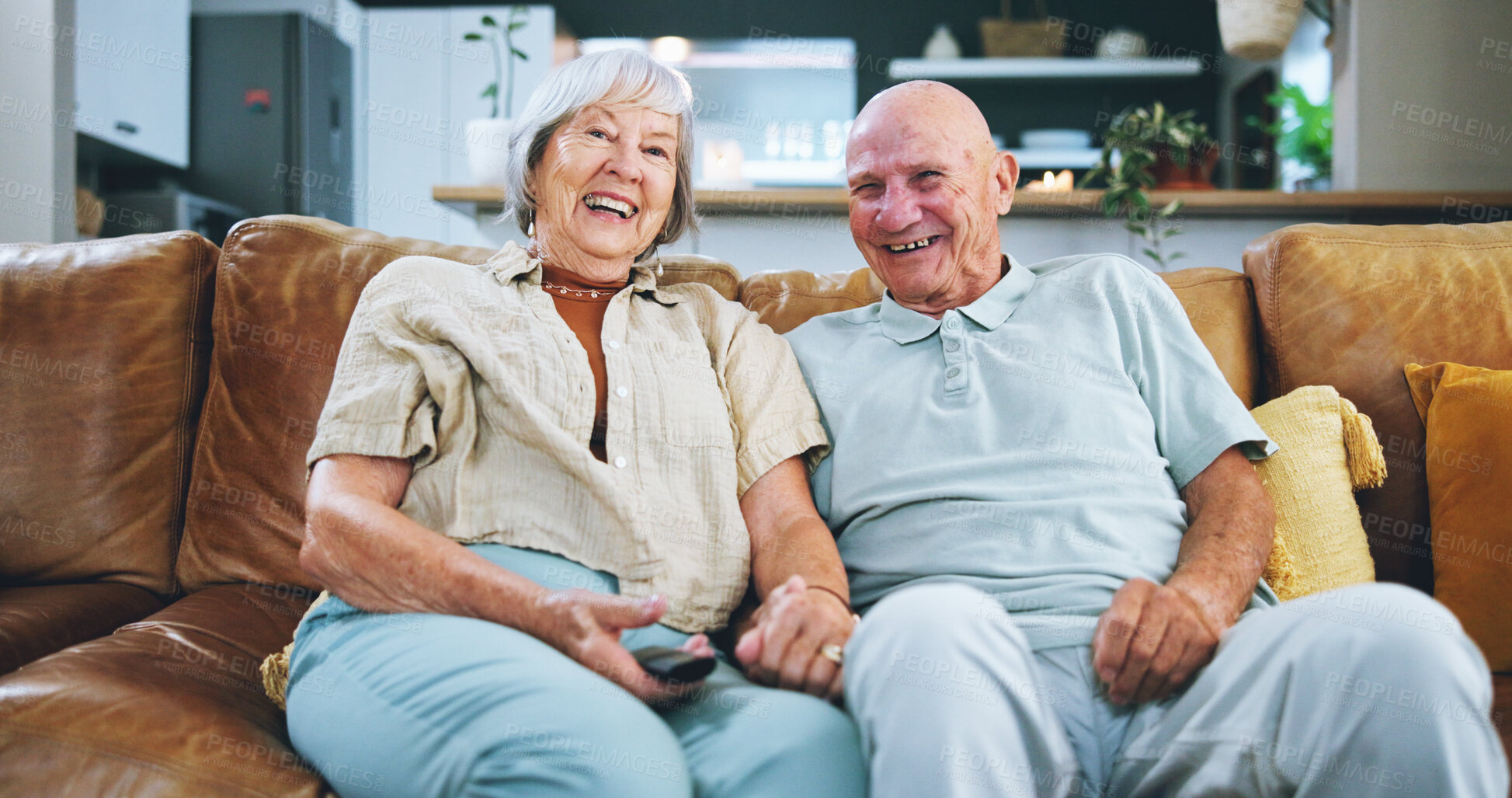 Buy stock photo Senior couple, watching tv and portrait on sofa for smile, remote control or relax in living room. Elderly woman, old man and happy on lounge couch for streaming, movie or film in home for retirement