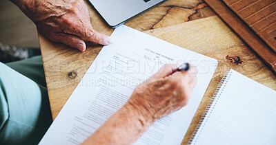 Buy stock photo Hands, writing and document for will in home with information, reading and security for assets in death. Senior person, lawyer and signature for finance, money and payment for inheritance in house