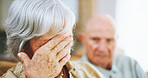 Senior couple, ignoring and angry for conflict or fighting at home, stress and toxic relationship or marriage. Old people, silent treatment and frustration for divorce or breakup, unhappy and fail