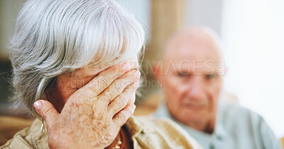 Buy stock photo Senior couple, ignoring and angry for conflict or fighting at home, stress and toxic relationship or marriage. Old people, silent treatment and frustration for divorce or breakup, unhappy and fail