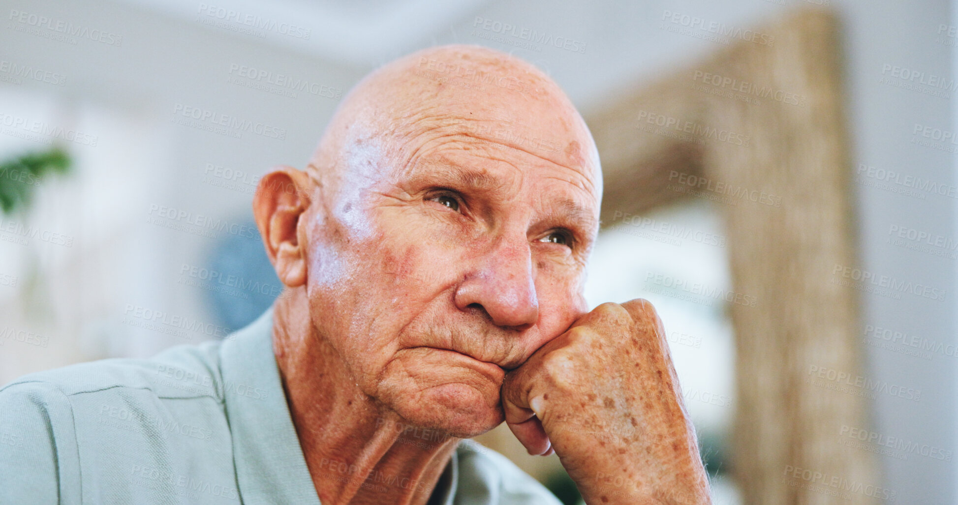 Buy stock photo Senior man, sad and thinking in home with depression, lost and stress with memory in living room. Elderly person, grief and pain with dementia, perspective and regret for decision in lounge at house