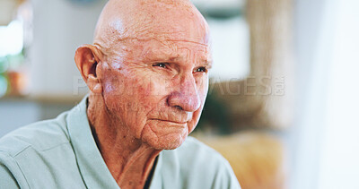 Buy stock photo Senior man, sad and thinking on sofa with depression, lost and stress with memory in living room at house. Elderly person, grief and pain with dementia, perspective and mental health at nursing home