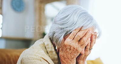 Buy stock photo Senior woman, mistake and depression with headache, stress or anixety on living room sofa at home. Closeup of elderly, sad female person or hands on face in fear for alzheimers, dementia or fatigue