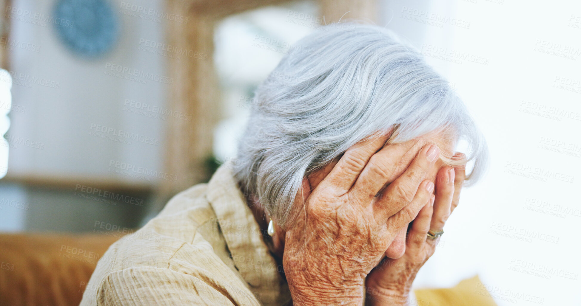 Buy stock photo Senior woman, mistake and depression with headache, stress or anixety on living room sofa at home. Closeup of elderly, sad female person or hands on face in fear for alzheimers, dementia or fatigue