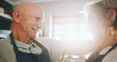 Buy stock photo Kitchen, morning and senior couple in home for love, bonding relationship and commitment together. Marriage, happy and elderly man and woman cooking together for wellness, meal prep and health