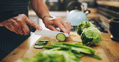 Buy stock photo Hands, cutting board and salad in kitchen with green vegetables for healthy food or nutrition. Person with culinary skills for cooking lunch with lettuce, cucumber and organic ingredients at home