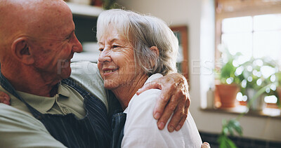 Buy stock photo Senior couple, hug and happy in kitchen with love, support and bonding for health, wellness and nutrition. Elderly man and woman embrace for cooking and marriage at home  for romance or anniversary