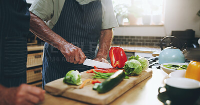 Buy stock photo Hands, people and cutting board in kitchen with help, support and teaching at home for healthy food. Chef with knife for cooking lunch and nutrition with bell pepper, cucumber and green vegetables