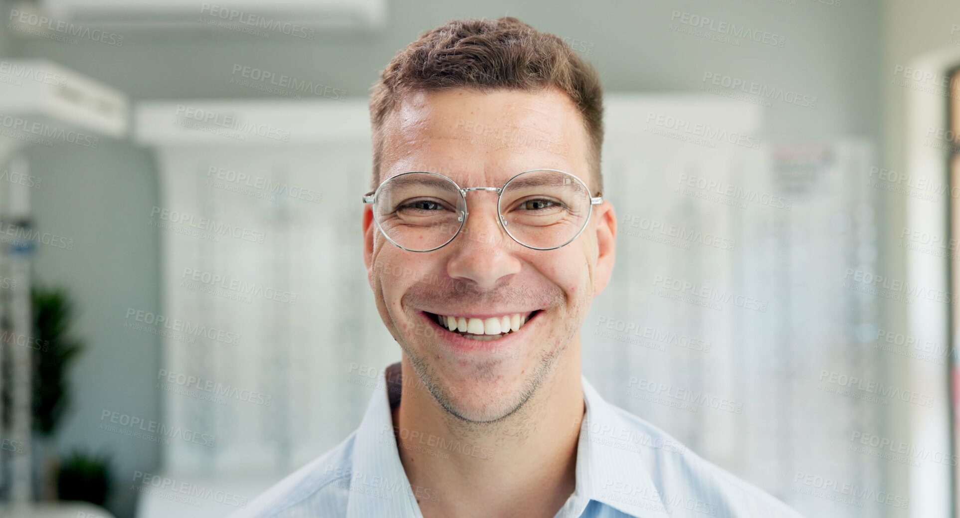 Buy stock photo Smile, optometry and portrait of man with glasses for vision, eye health and wellness in store. Happy, ophthalmology and face of male person with prescription lens spectacles in optical clinic.