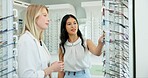 Women, vision and working with help for glasses or optometry, service for health in shop. Female person, choice and professional advice for customer with question on eyes, check or retail store