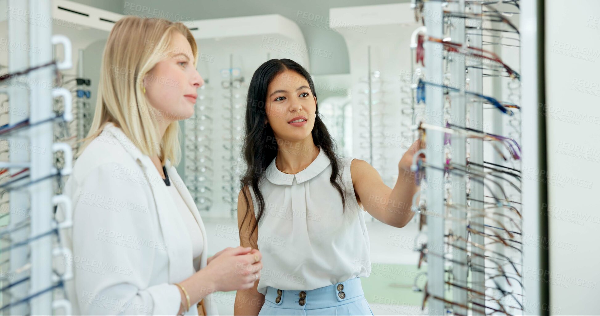 Buy stock photo Women, vision and working with help for glasses or optometry, service for health in shop. Female person, choice and professional advice for customer with question on eyes, check or retail store