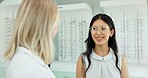 Consulting, optometrist and client at store for glasses, eye health and wellness at shop. Ophthalmology, lens frame and happy woman help customer for spectacles choice, vision or eyesight correction