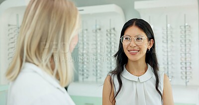 Buy stock photo Consulting, optometrist and client at store for glasses, eye health and wellness at shop. Ophthalmology, lens frame and happy woman help customer for spectacles choice, vision or eyesight correction