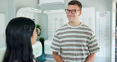 Buy stock photo Consultation, optometrist and customer at store for glasses, eye health and wellness at shop. Ophthalmology, lens frame and woman help happy man for spectacles choice, vision and eyesight correction