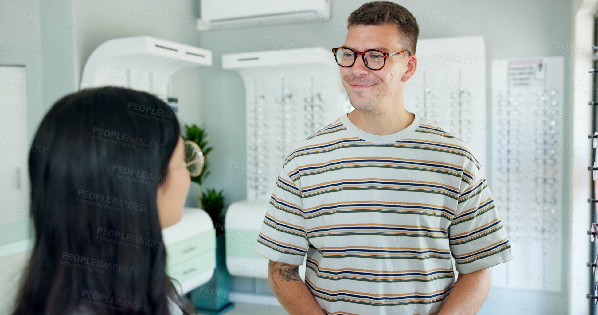 Buy stock photo Consultation, optometrist and customer at store for glasses, eye health and wellness at shop. Ophthalmology, lens frame and woman help happy man for spectacles choice, vision and eyesight correction