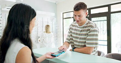 Buy stock photo Man, payment and credit card in shop for optometry with pos, fintech or customer experience for eye care. People, sale and machine for banking, shopping or retail discount for healthy vision in store