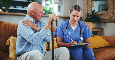 Buy stock photo People, nurse and patient on sofa with clipboard for information, prescription and trust. Senior man, caregiver and care with kindness or support in old age home on couch with paperwork or report