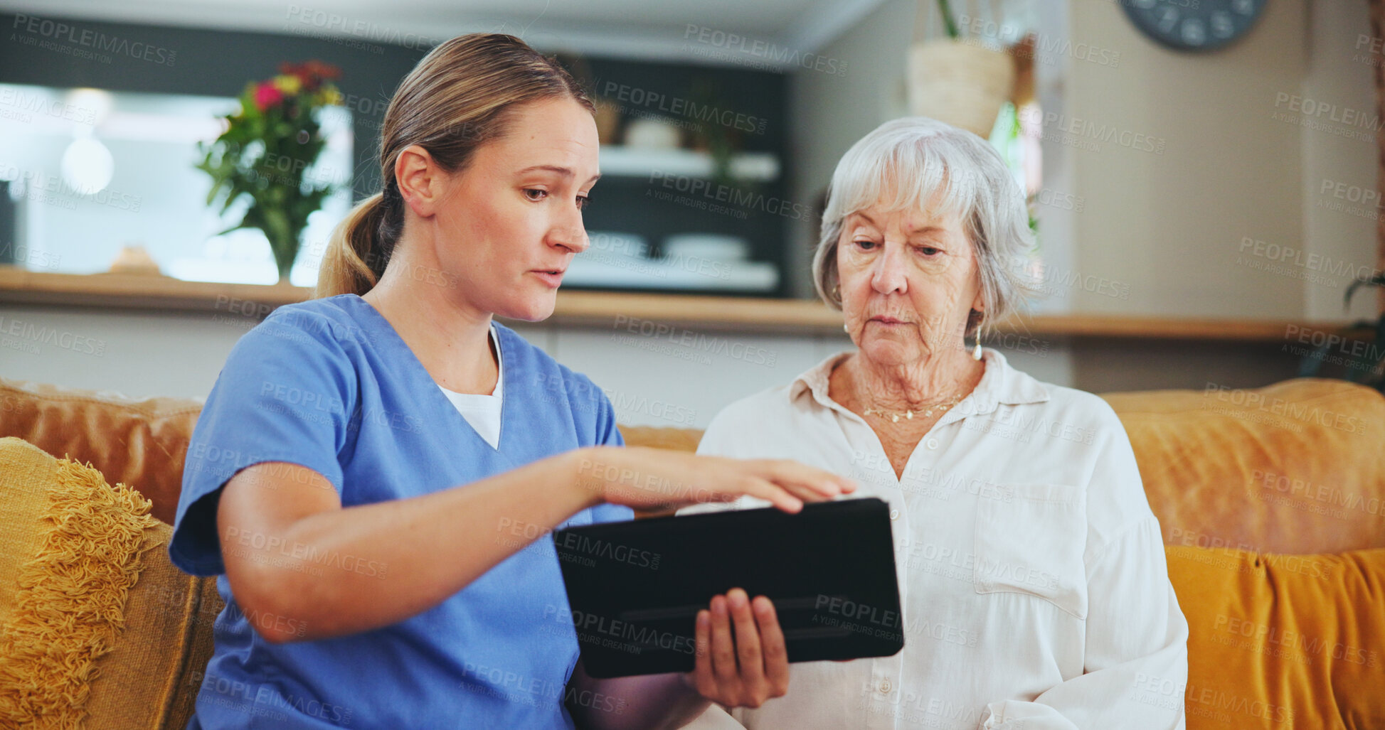 Buy stock photo Senior woman, nurse and consulting with tablet for healthcare, medicare or results at nursing home. Female person or caregiver talking to mature patient with technology on living room sofa at house